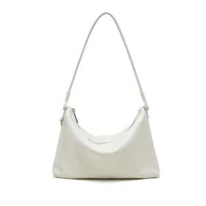 Close-up detail of the smooth genuine leather texture and fine strap craftsmanship on the white bag.