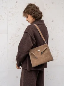 Bolso de hombro marrón retro para mujer, elegante diseño Maillard con cierre de giro y correas.