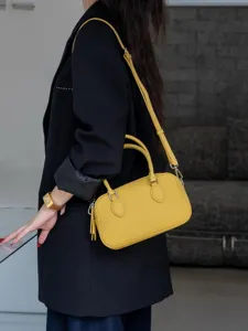 Sac à main Boston mini jaune en cuir véritable, sac bandoulière et épaule élégant pour femmes.