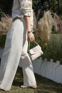 Genuine leather button handbag for women, minimalist top layer cowhide small casual tote bag.