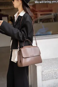 Brown genuine leather soft tote shoulder crossbody bag for women, elegant commuter handbag