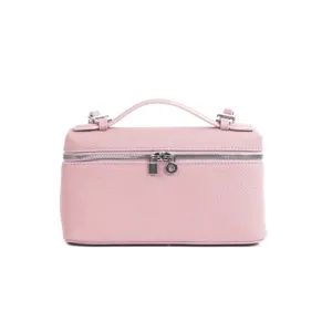 Borsa vanity in pelle rosa con manico superiore e chiusura lampo, elegante borsa a tracolla.