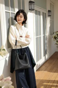 Close-up detail of the genuine leather black bucket bag, showing soft texture, lazy commuting style.