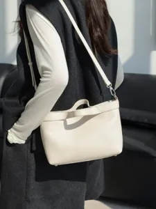 Minimalist genuine leather shoulder bag, stylish cream tote and crossbody bag for women