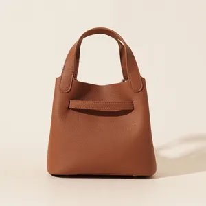 Sac seau en cuir véritable détail, élégant sac cabas marron pour travail et bureau
