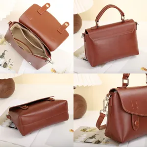 Classic brown leather satchel bag multi-angle detail view, vintage top handle crossbody design.