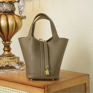 Women Top Layer Cowhide Bucket Bag Casual Retro Handbag Fashion Solid Color Top Handle Bag Daily Commuting Leather Bag