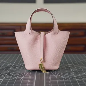 Pink genuine leather bucket bag top handle handbag main view premium product display
