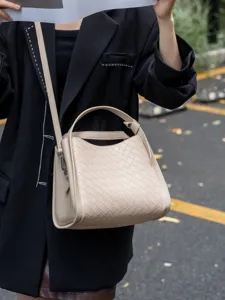 Beige woven leather shoulder bag bucket bag stylish casual crossbody bag for women