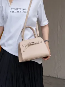 Beige leather crossbody tote bag for women, stylish minimalist commuter shoulder bag.