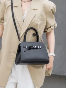 Black genuine leather women handbag top handle crossbody bag stylish classic commuting tote