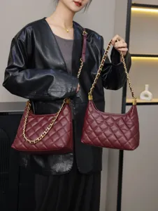 Burgundy genuine leather quilted shoulder bag, stylish women underarm hobo with gold chain.