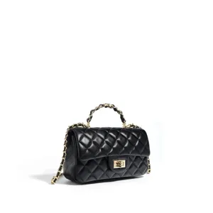 Schwarze gesteppte Ledertasche mit Goldkettengriff, elegante Damen Umhängetasche.
