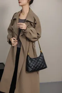 Genuine leather quilted shoulder bag, stylish casual hobo armpit bag with chain for women