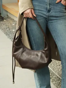 Brown leather hobo shoulder bag retro slouchy dumpling bag casual versatile crossbody bag for women