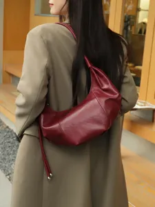 Vintage wine red genuine leather shoulder bag, soft dumpling hobo bag for women autumn.