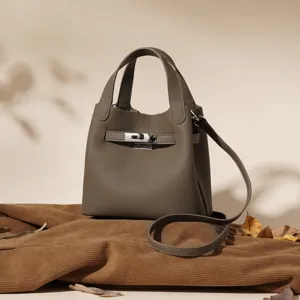 Femmes Cuir Véritable Motif Litchi Sac Seau Vintage Trajet Sangle Unique Sac Bandoulière Mode Sac à Main