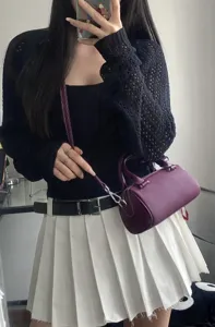 Women's genuine leather Boston pillow handbag, stylish purple crossbody bag with shoulder strap.