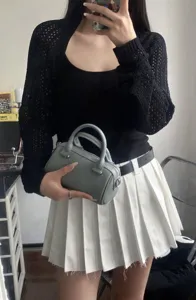 Grey leather boston bag, stylish top handle handbag for women, chic crossbody daily purse.