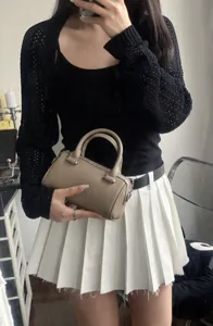 Grey leather Boston handbag for women, chic top handle mini satchel crossbody bag.