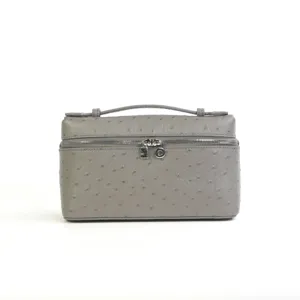 Grey ostrich leather vanity bag, stylish top handle cosmetic handbag for women daily use.