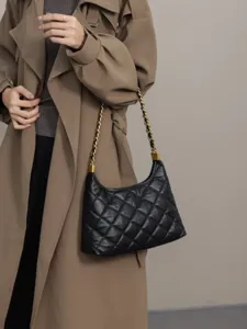 Women genuine leather quilted shoulder bag underarm fashion casual crossbody handbag black