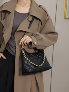 Black genuine leather quilted shoulder bag, stylish underarm crossbody bag with gold chain