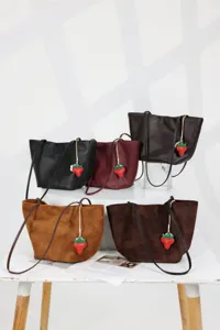 Stylish genuine leather bucket bag large capacity tote bag with adorable strawberry charm