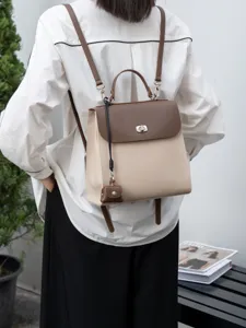 Zaino in Vera Pelle da Donna Vintage Colore a Contrasto Borsa da Scuola Casual Viaggio Daypack con Chiusura a Serratura