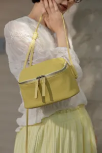 Yellow leather crossbody mini box bag for women, genuine cowhide underarm shoulder bag.