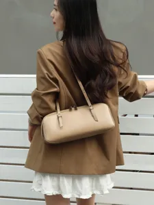 Women Genuine Leather Bowling Bag Minimalist Shoulder Crossbody Underarm Bag First Layer Cowhide Fashion Handbag
