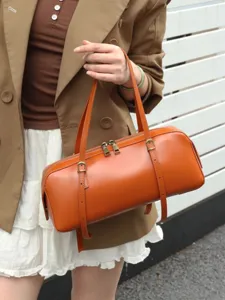 Genuine leather women bowling bag minimalist fashion shoulder cross body underarm bag brown
