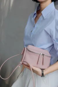 Stylish pink leather crossbody bag mini shoulder purse genuine cowhide lunchbox bag