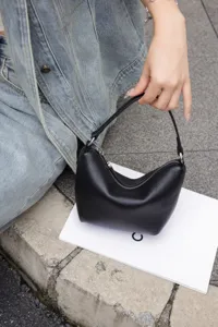 Stylish black genuine leather hobo shoulder bag minimal crescent crossbody mini purse for women