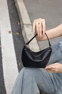 Black genuine leather mini shoulder bag, minimalist casual dumpling crossbody bag for women.