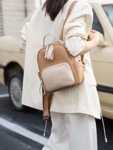 Zaino donna in vera pelle bicolore piccolo zainetto casual da giorno tasche