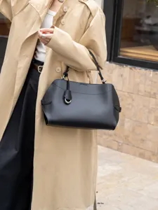 Black genuine leather shoulder bag for women, large casual commute handbag summer.