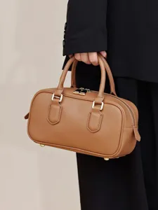 Women Genuine Leather Boston Bag Niche Pillow Handbag Fashion Solid Color Casual Shoulder Crossbody Bag Daily Commute