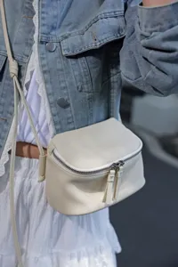 White leather mini crossbody bag detail shot, compact zipper box bag for daily outfit style.