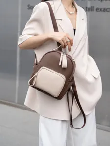 Zaino piccolo da donna in vera pelle retrò, design bicolore, zainetto chic da viaggio e lavoro.