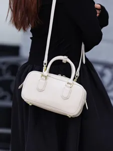 Beige leather boston bag small pillow handbag crossbody shoulder bag for women main view