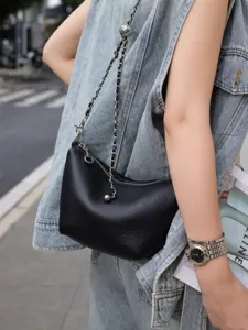Genuine leather minimalist shoulder crossbody bag for women chic black mini hobo handbag