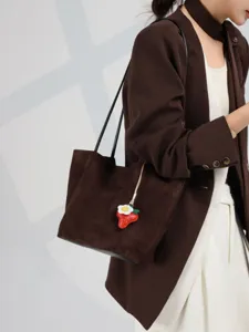 Brown leather tote bag for women, large capacity shoulder bag with cute strawberry pendant.