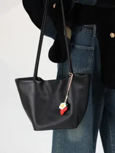 Genuine leather tote bag for women, large capacity shoulder bag with cute strawberry charm.