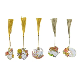 Metal cat bookmarks with colorful enamel and tassels, cute kitten design for students and gifts.