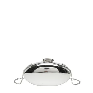 Silver metallic mango shaped evening clutch bag with chain strap for women party cocktail.