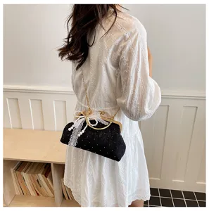 Chic retro evening shoulder bag with pearl chain lace trim elegant black crossbody bag for women