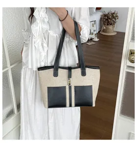 Commuting fashion canvas tote bag with black leather splicing, large capacity shoulder bag.