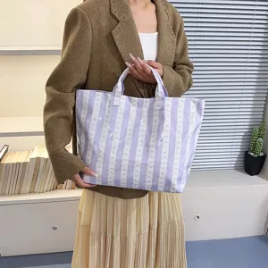 New stylish casual purple striped canvas tote bag, large capacity shoulder commuting bag.