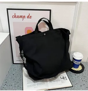 Sac bandoulière rétro en toile noire, grand sac cabas et fourre-tout décontracté pour femme.